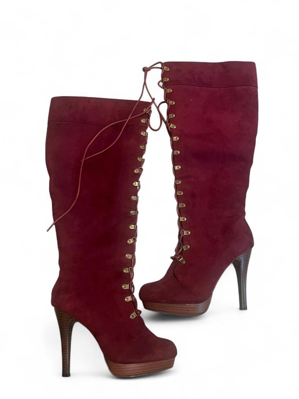 Women's Over-the-Knee Lace-Up Platform Boots in Burgundy witchy Fairycore